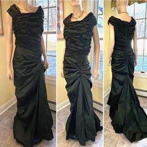 Tadashi Shoji Silk Taffeta One-Shoulder Dark Green Ruched Gown